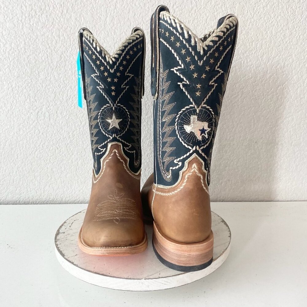 Lane RODEO HOUSTON Mens Cowboy Boots 12.5B Brown Navy Leather Western Blunt Toe